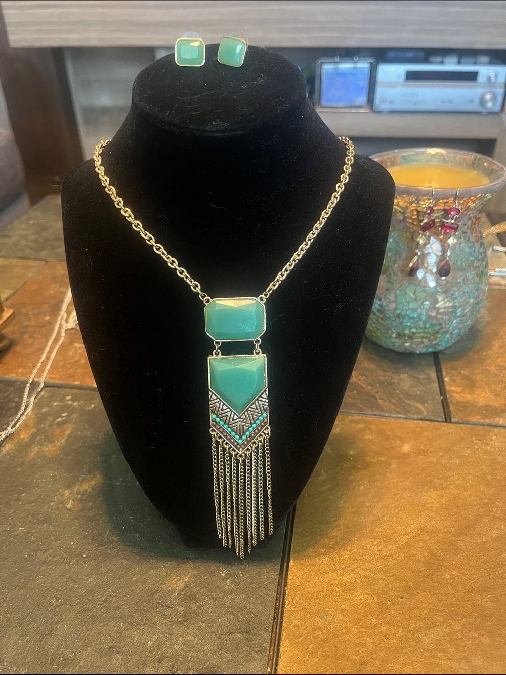Gold Chain Necklace with Turquoise Geometric Pendant & Matching Earrings - Picture 3 of 7